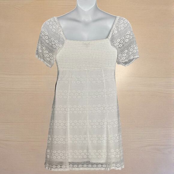As U Wish Smocked Back Lace Dress Juniors XL Short Sleeve Ivory Summer Party NWT - Picture 7 of 11